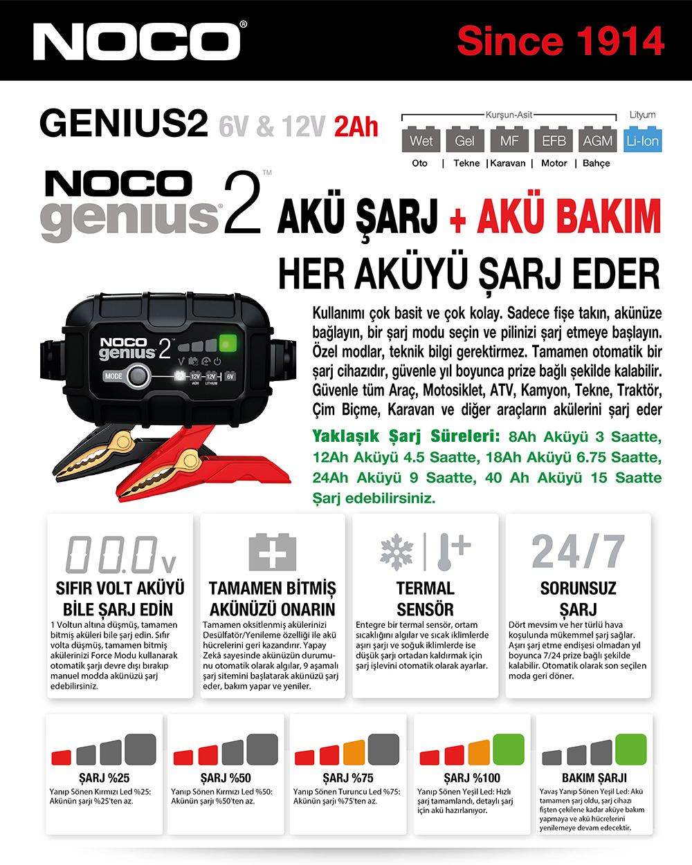 NOCO 6V12V 2 Lİ 2 AMPER AKÜ ŞARJ CİHAZI UNIVERSAL cc