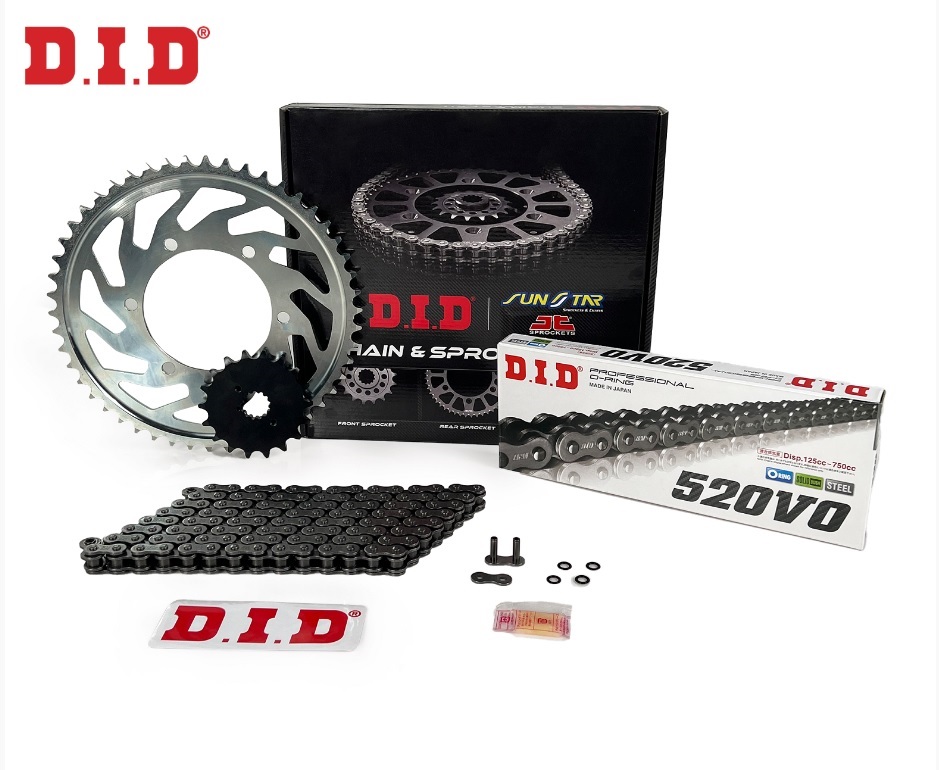ZİNCİR DİŞLİ SETİ BAJAJ DOMINAR UG 400cc ZİNCİR: DID-520 ORING-120 ÖN DİŞLİ: SUNSTAR 15T ARKA DİŞLİ: JT 45T 2017-2023
