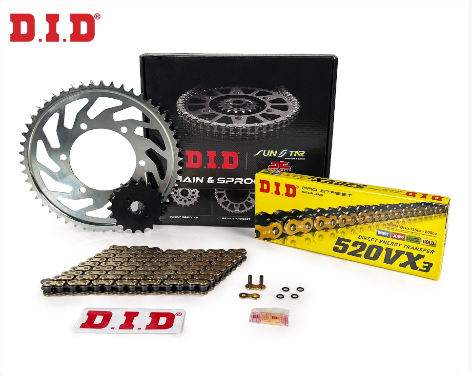 ZİNCİR DİŞLİ SETİ BAJAJ DOMINAR UG 400cc ZİNCİR: DID-520VX3 Gold-120 ÖN DİŞLİ: SUNSTAR 15T ARKA DİŞLİ: JT 45T 2017-2023
