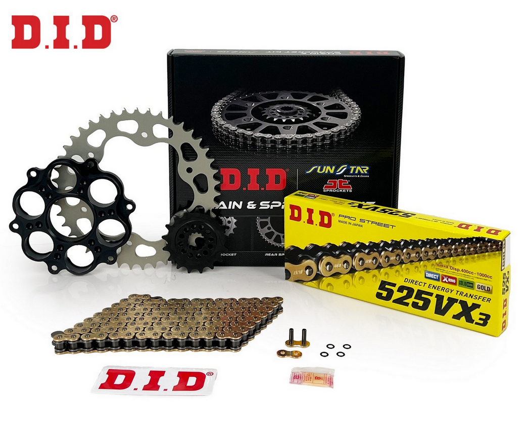 ZİNCİR DİŞLİ SETİ DUCATI DIAVEL S 1260cc ZİNCİR: DID-525VX3 Gold-112 ÖN-ARKA DİŞLİ: SUNSTAR 15T-43T 2018-2020