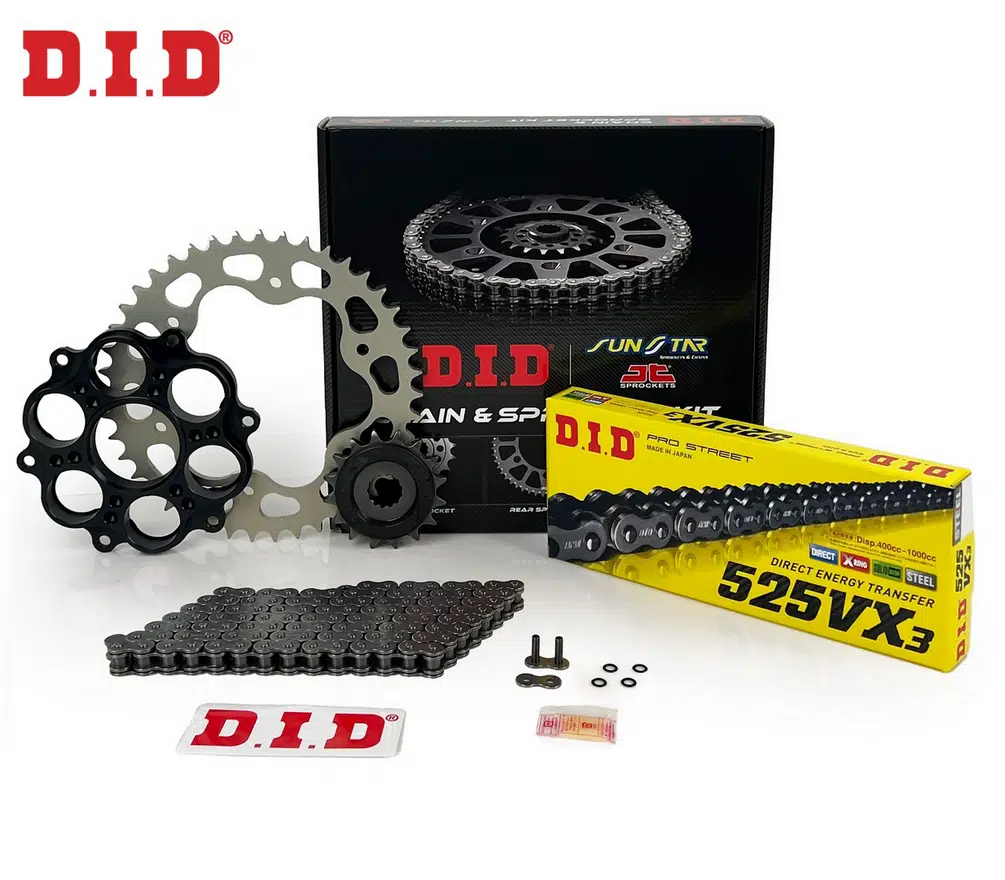 ZİNCİR DİŞLİ SETİ DUCATI EVO 848cc ZİNCİR: DID-525VX3 Çelik-98 ÖN DİŞLİ: JT 15T ARKA DİŞLİ: SUNSTAR 39T 2011-2013