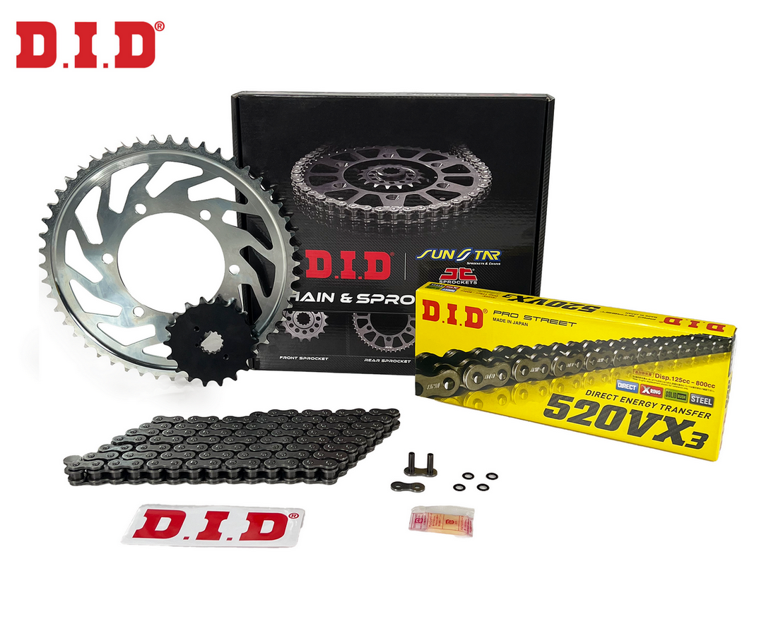 ZİNCİR DİŞLİ SETİ DUCATI MONSTER 695cc ZİNCİR: DID-520VX3 Çelik-102 ÖN DİŞLİ: JT 15T ARKA DİŞLİ: SUNSTAR 42T 2006-2008