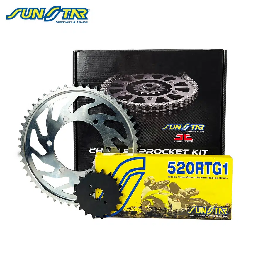 ZİNCİR DİŞLİ SETİ DUCATI MONSTER 797cc ZİNCİR: SUNSTAR 520RTG1 Gold-104 ÖN-ARKA DİŞLİ: SUNSTAR 15T-46T 2017-2020