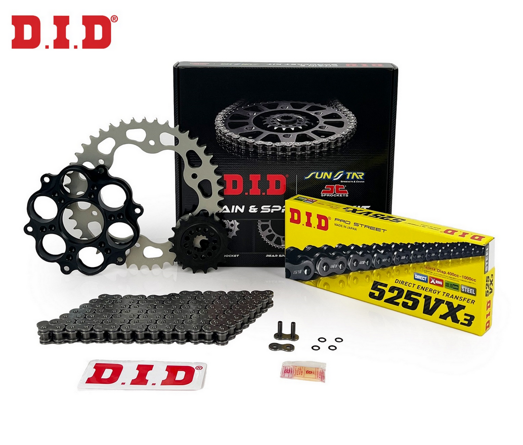ZİNCİR DİŞLİ SETİ DUCATI MONSTER R S 1200cc ZİNCİR: DID-525VX3 Çelik-108 ÖN-ARKA DİŞLİ: SUNSTAR 15T-41T 2014-2020