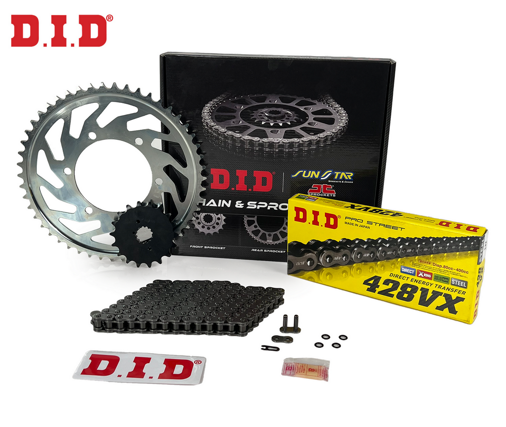 ZİNCİR DİŞLİ SETİ HONDA CBR R 125cc ZİNCİR: DID-428VX Çelik-124 ÖN DİŞLİ: JT 15T ARKA DİŞLİ: SUNSTAR 42T 2004-2010