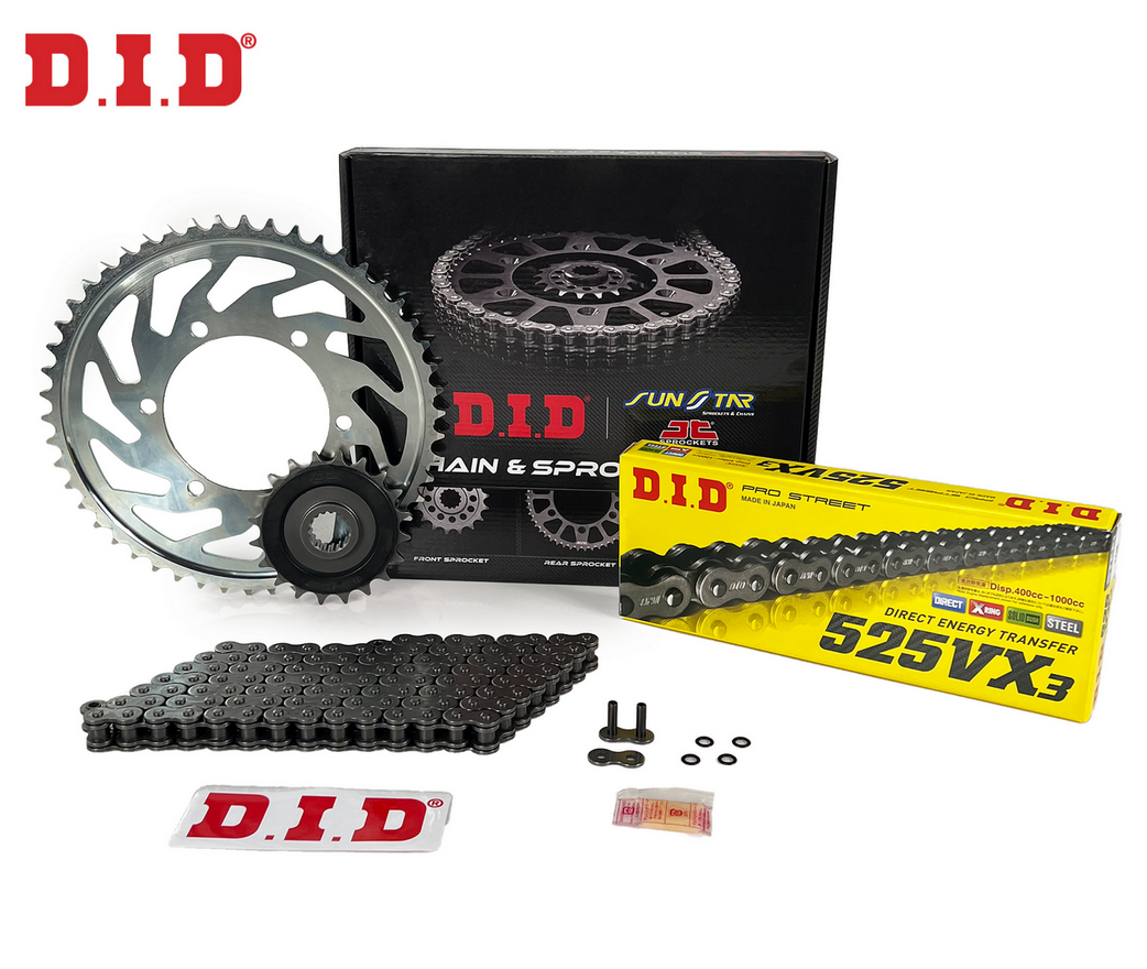 ZİNCİR DİŞLİ SETİ HONDA CBR 650R 650cc ZİNCİR: DID-525VX3 Çelik-118 ÖN DİŞLİ: JT 15T ARKA DİŞLİ: SUNSTAR 42T 2019-2022