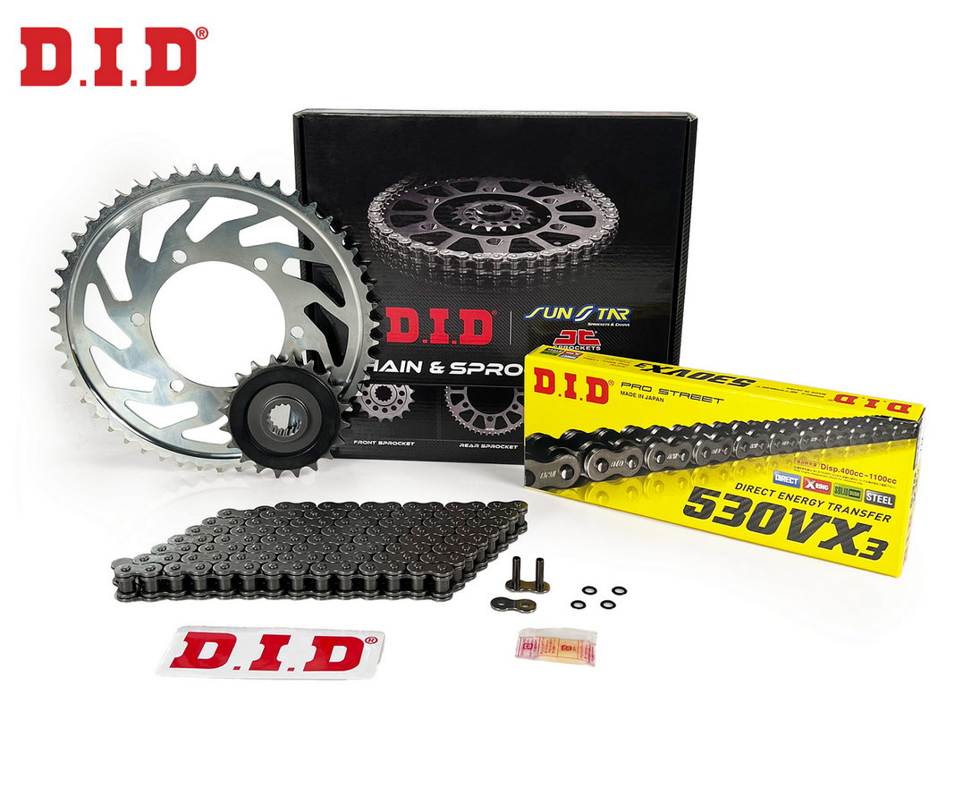 ZİNCİR DİŞLİ SETİ HONDA CBR 954RR 954cc ZİNCİR: DID-530VX3 Çelik-108 ÖN DİŞLİ: JT 16T ARKA DİŞLİ: SUNSTAR 43T 2002-2003