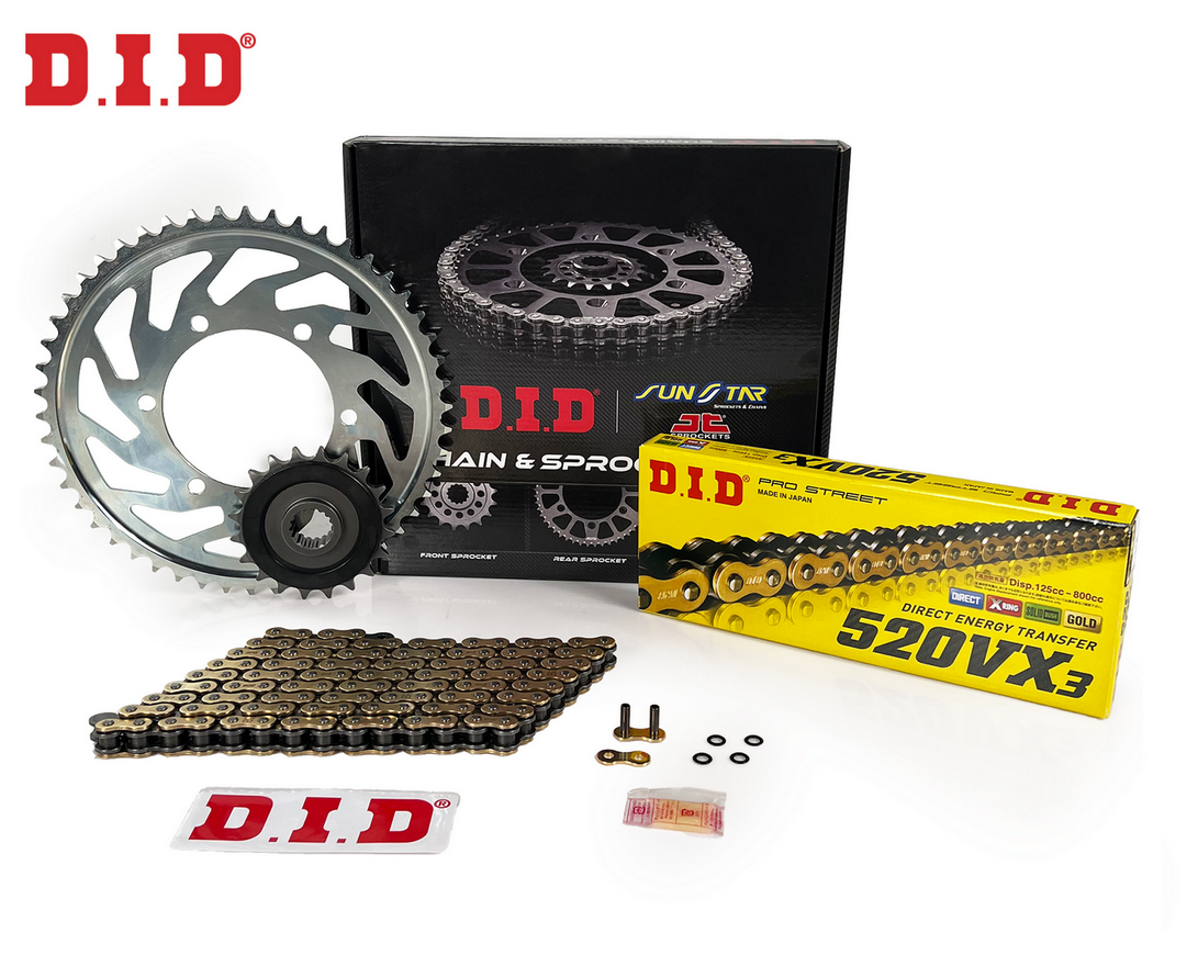ZİNCİR DİŞLİ SETİ KAWASAKI KLE 500cc ZİNCİR: DID-520VX3 Gold-108 ÖN DİŞLİ: JT 16T ARKA DİŞLİ: SUNSTAR 44T 1991-1996