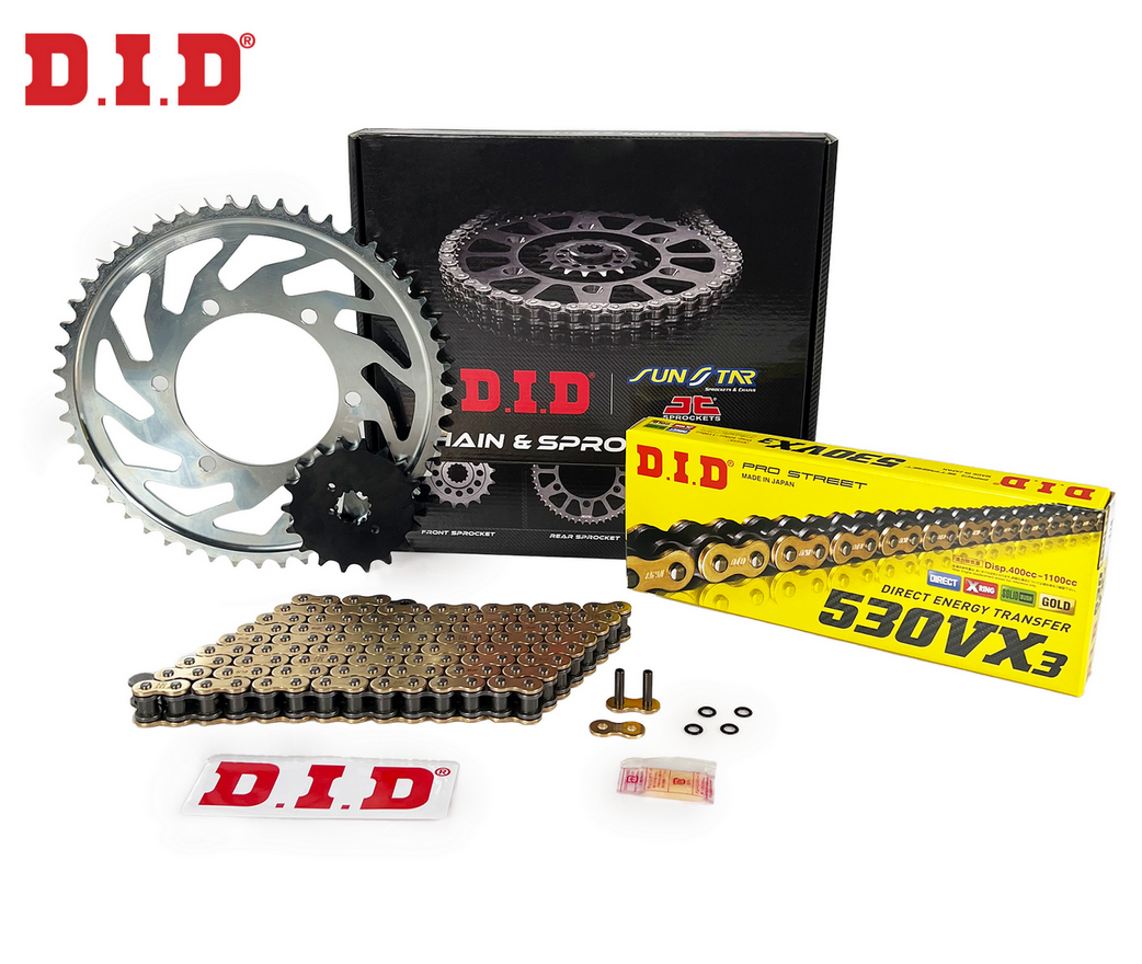 ZİNCİR DİŞLİ SETİ KAWASAKI ZZR 1100cc ZİNCİR: DID-530VX3 Gold-110 ÖN DİŞLİ: JT 17T ARKA DİŞLİ: SUNSTAR 45T 1990-2001