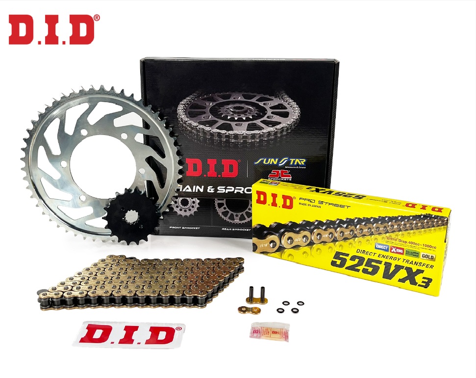 ZİNCİR DİŞLİ SETİ KTM SUPER DUKE R 1390cc ZİNCİR: DID-525VX3 Gold-118 ÖN DİŞLİ: SUNSTAR 17T ARKA DİŞLİ: JT 38T 2024