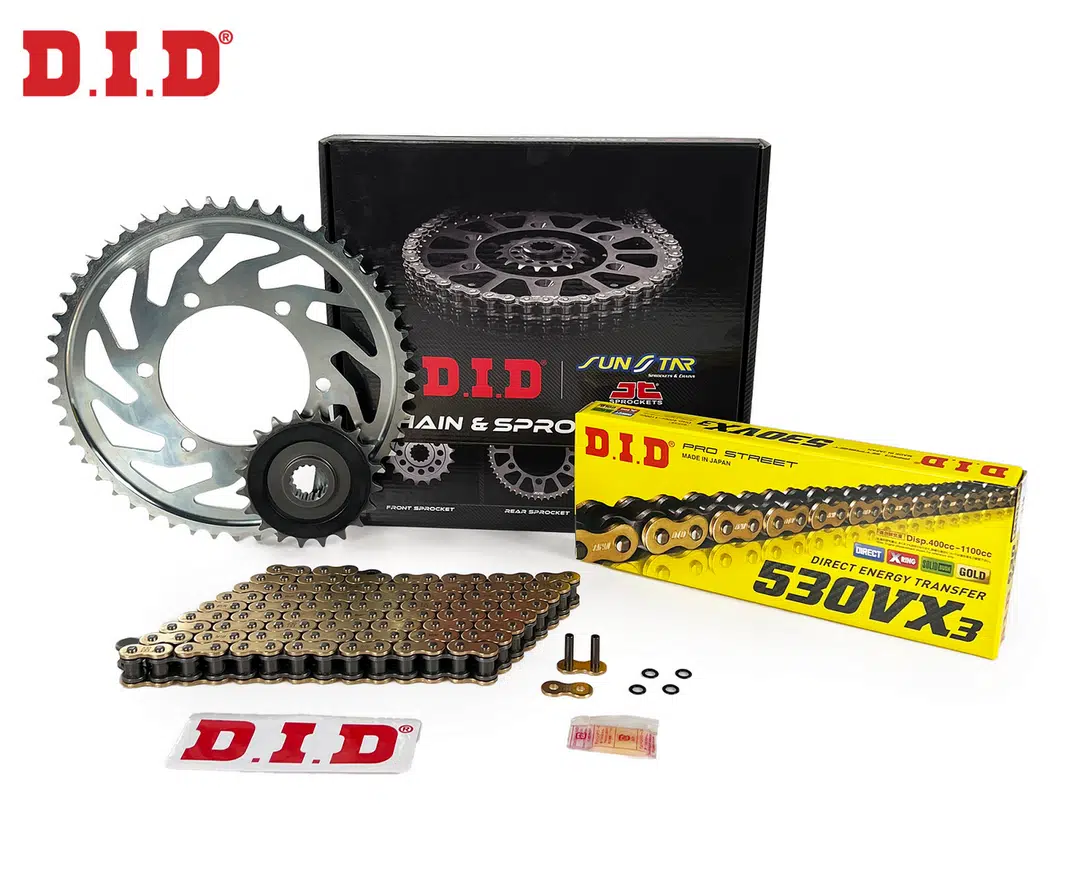 ZİNCİR DİŞLİ SETİ SUZUKI B-KING 1300cc ZİNCİR: DID-530VX3 Gold-118 ÖN DİŞLİ: JT 18T ARKA DİŞLİ: SUNSTAR 43T 2008-2011