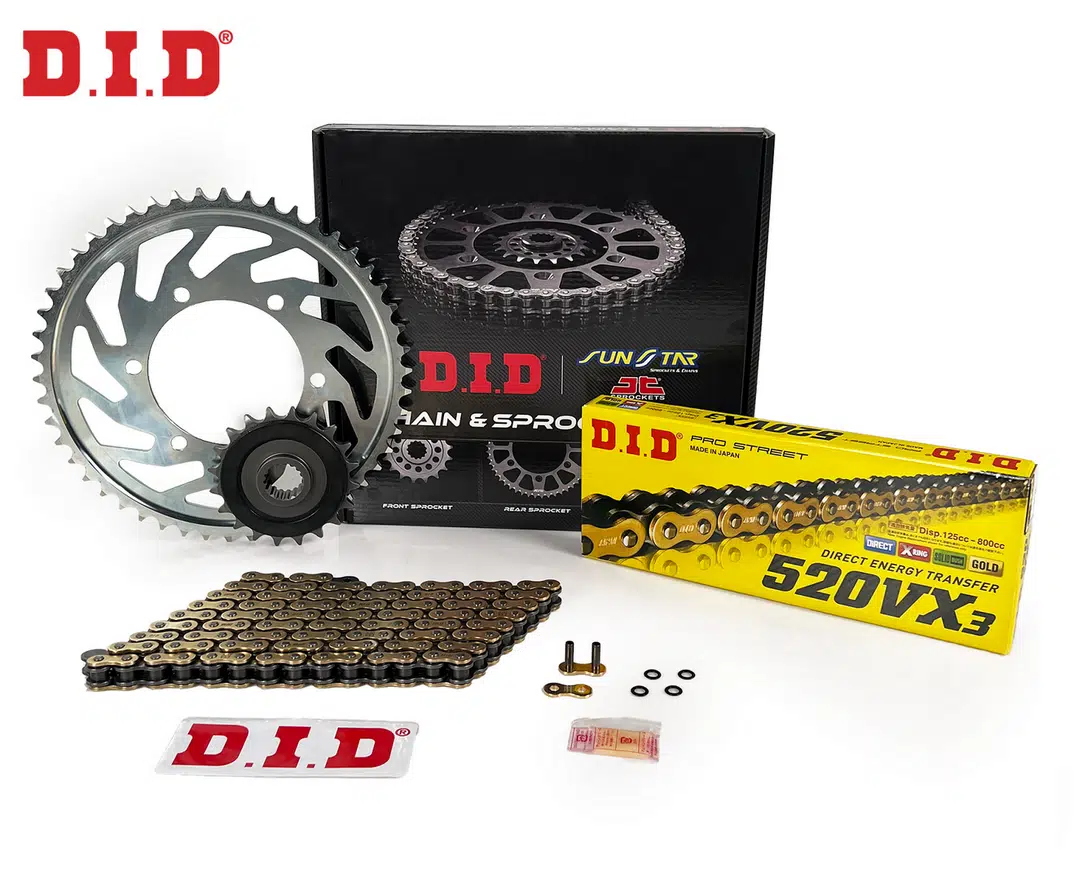 ZİNCİR DİŞLİ SETİ SUZUKI GLADIUS 650cc ZİNCİR: DID-520VX3 Gold-112 ÖN DİŞLİ: JT 15T ARKA DİŞLİ: SUNSTAR 46T 2009-2016