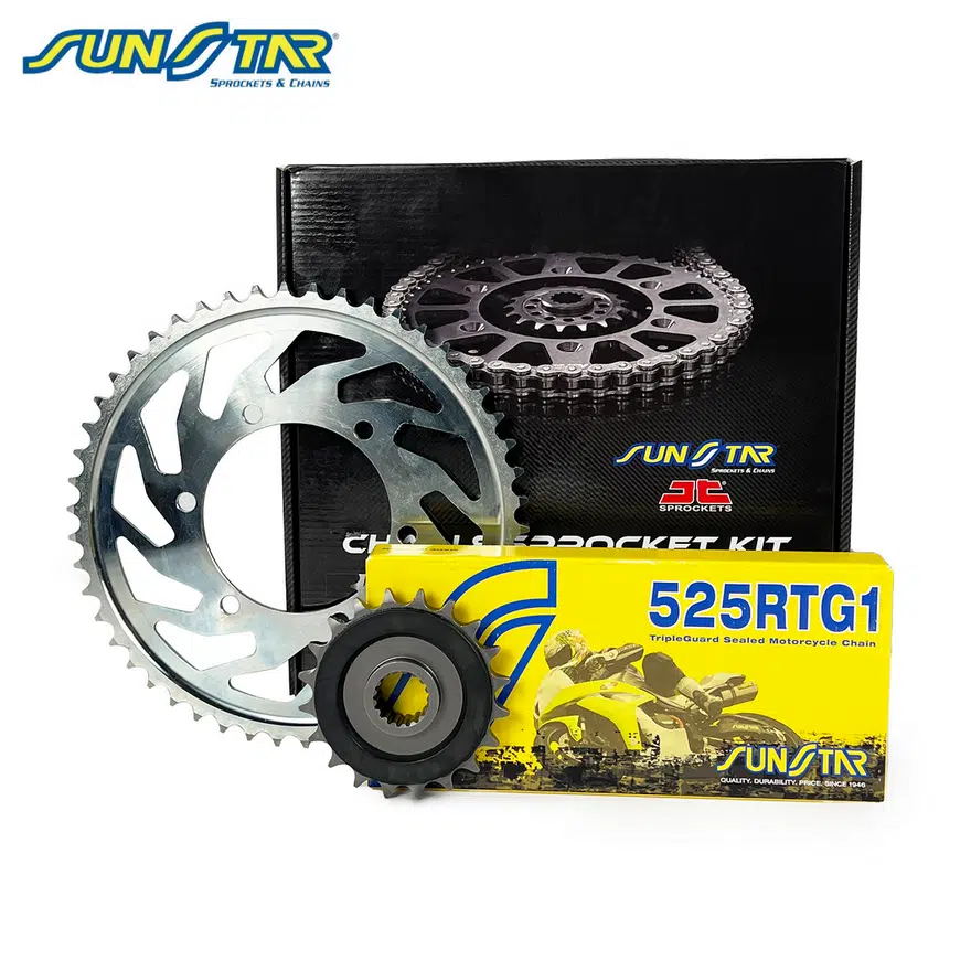 ZİNCİR DİŞLİ SETİ TRIUMPH BONNEVILLE T100 865cc ZİNCİR: SUNSTAR 525RTG1 Gold-104 ÖN-ARKA DİŞLİ: JT 18T-43T 2006-2015