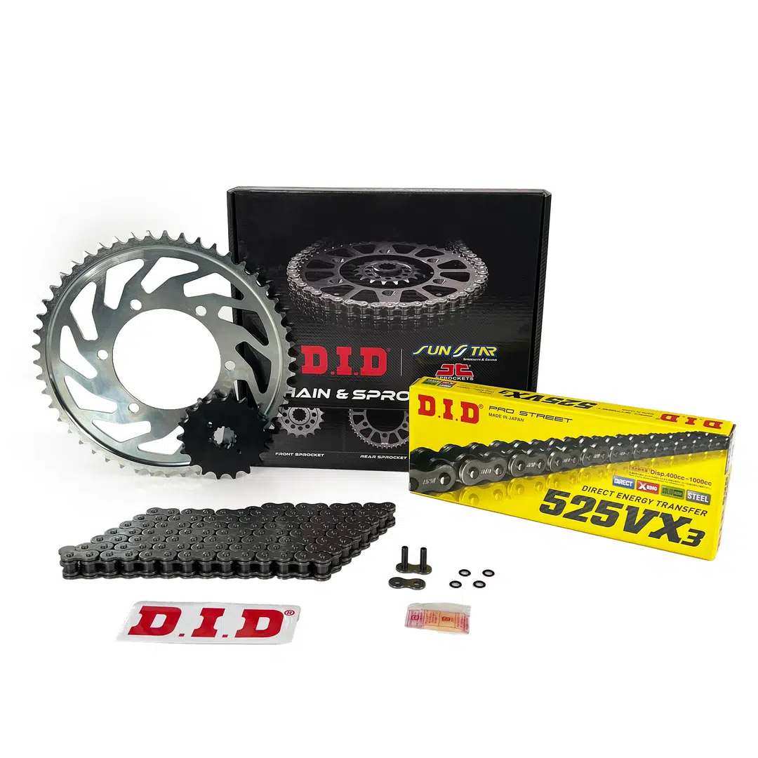 ZİNCİR DİŞLİ SETİ TRIUMPH THRUXTON RS 1200cc ZİNCİR: DID-525VX3 Çelik-100 ÖN-ARKA DİŞLİ: JT 16T-42T 2020-2021